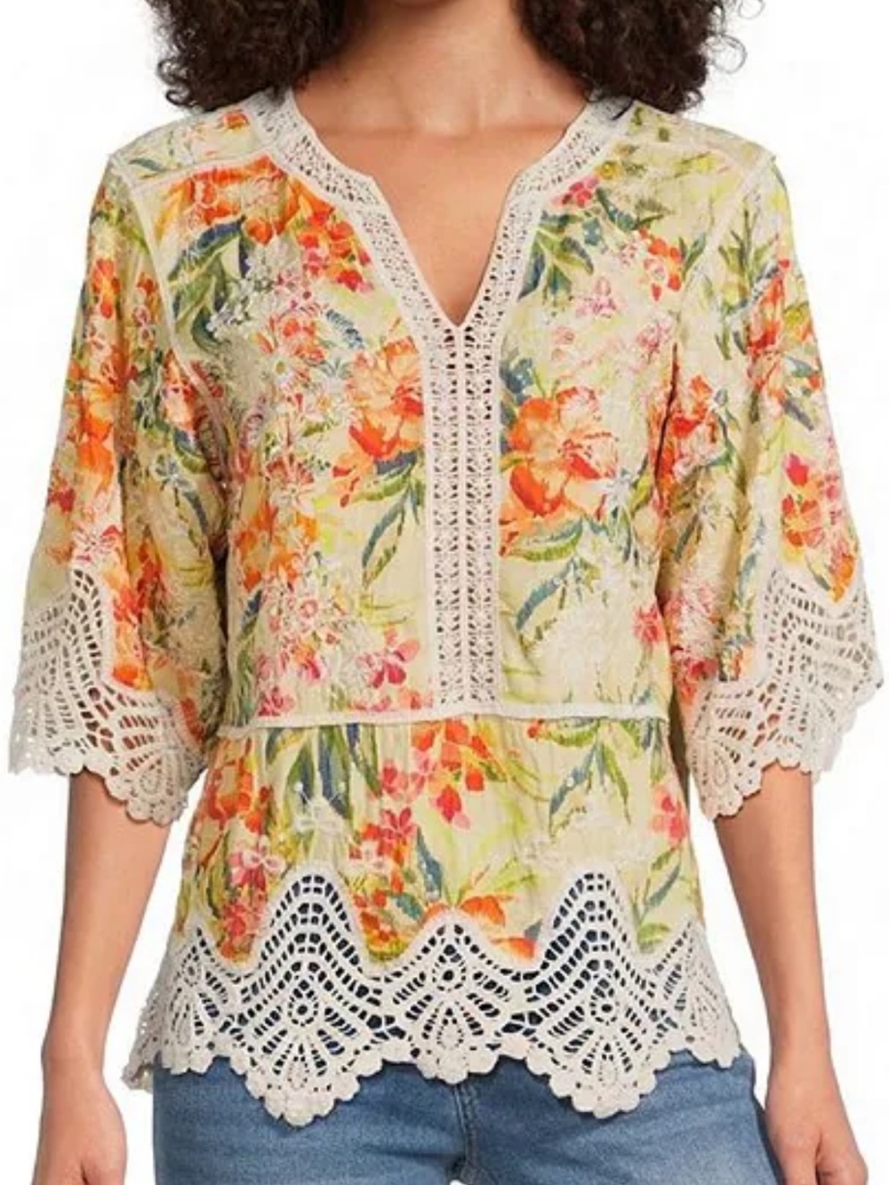 NWT Democracy Floral Peplum Blouse Split V-Neck Crochet Trim Boho Cottage Sz PXL